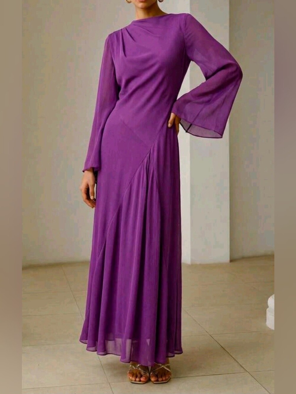 New Flowy Pleated Neck Maxi Dress Flare Long Sleeve Purple